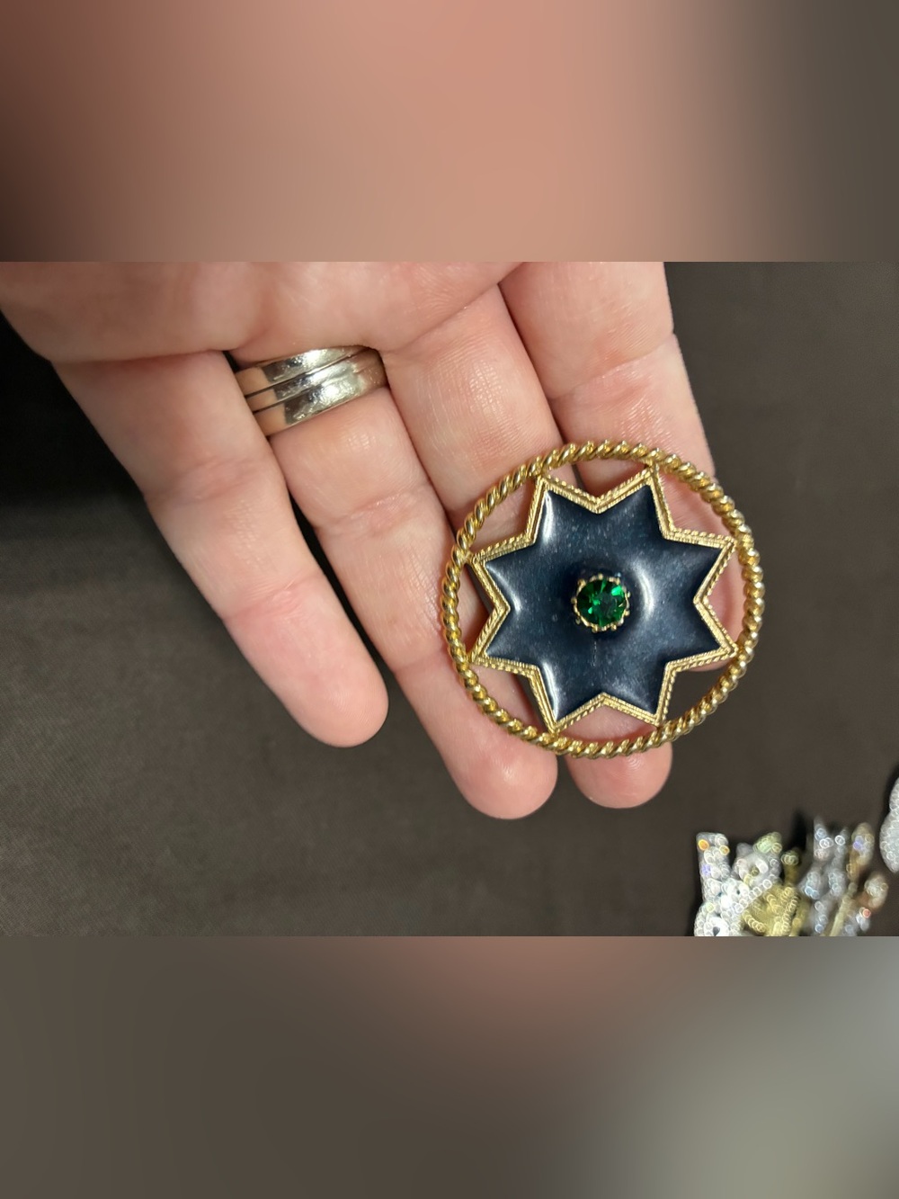 Vintage Gold-Tone Navy Star Brooch with Green Stone Accent